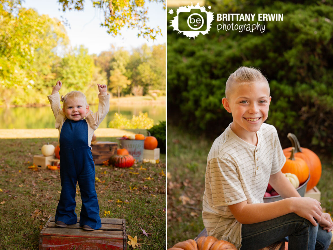 Indianapolis-fall-portrait-photographer-toddler-girl-standing-on-vintage-soda-crate-boy-sitting-on-trunk.jpg
