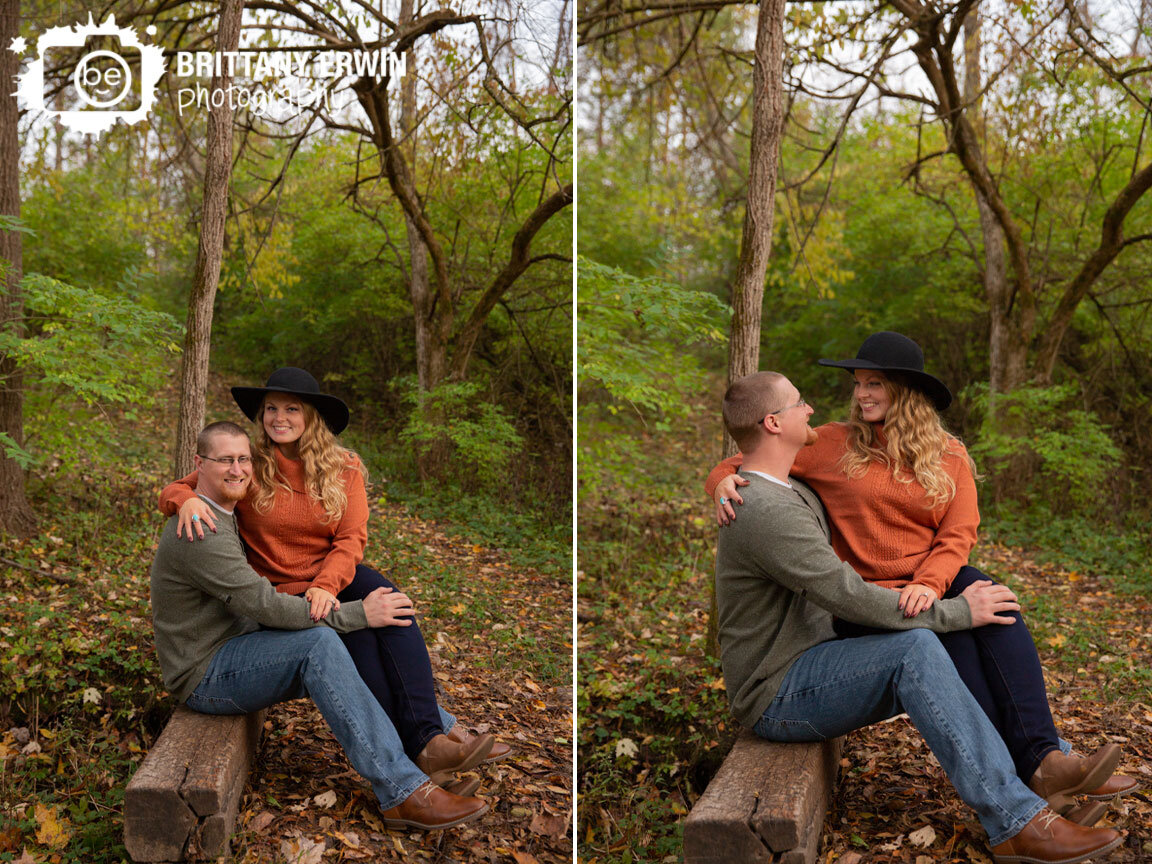Indianapolis-engagement-photographer-couple-on-bridge-sitting-on-railroad-tie-fall-leaves.jpg