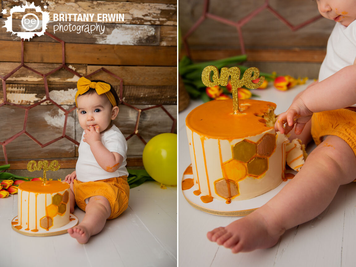 Indianapolis-portrait-studio-first-birthday-girl-cake-smash-on-white-rustic-wood-floor-with-honeycomb-one-topper.jpg