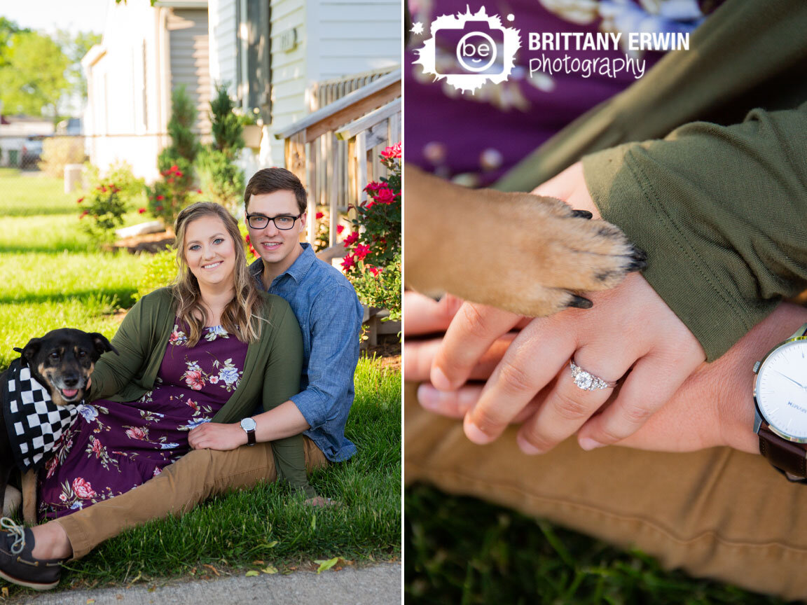 Indianapolis-lifestyle-engagement-portrait-session-couple-with-pet-dog-in-front-yard-ring-detail-hands-with-paw.jpg