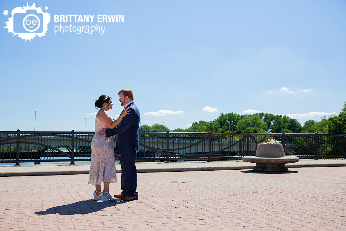 Lafayette-Indiana-wedding-photographer-couple-on-bridge-summer-blue-sky.jpg