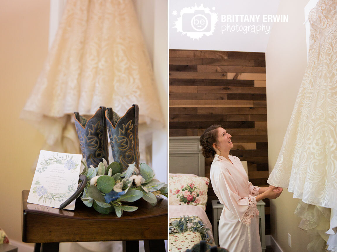 bride-looking-at-dress-hanging-in-door-invitation-with-horse-shoe-bouquet.jpg