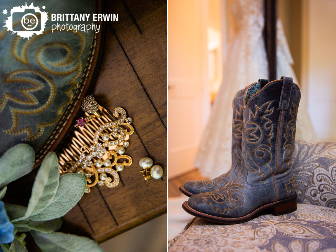 Indiana-wedding-photographer-boots-with-dress-hanging-by-mirror-engagment-ring-in-hair-pin.jpg
