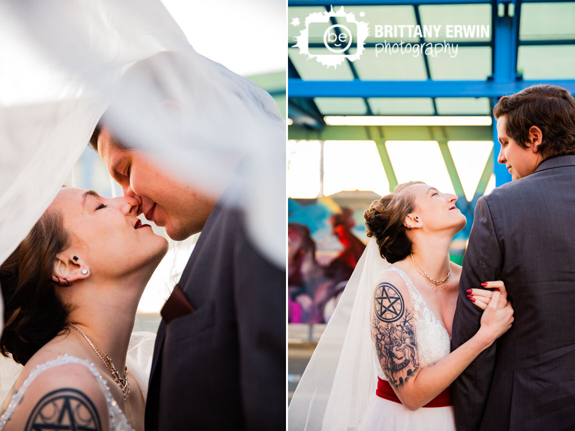 Fountain-Square-Indiana-bridal-portrait-photographer-couple-under-veil-with-mural.jpg