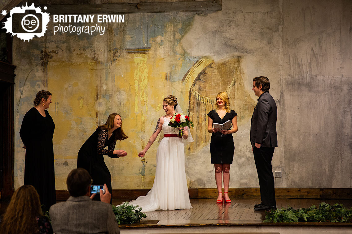 Indianapolis-wedding-ceremony-bride-bridesmaid-dropped-ring-reaction-funny.jpg