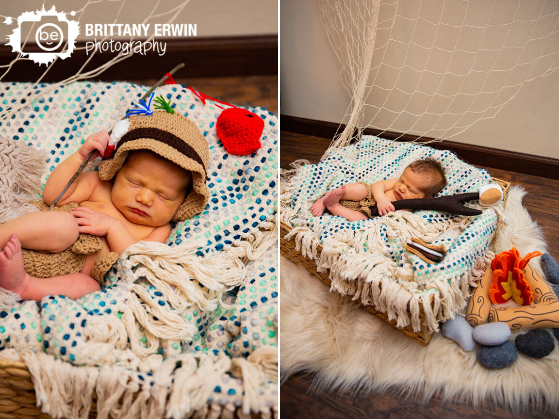 Indianapolis-in-home-newborn-portrait-photographer-felt-campfire-with-rocks-fire-on-logs-sleeping-boy-toasting-marshmallows.jpg