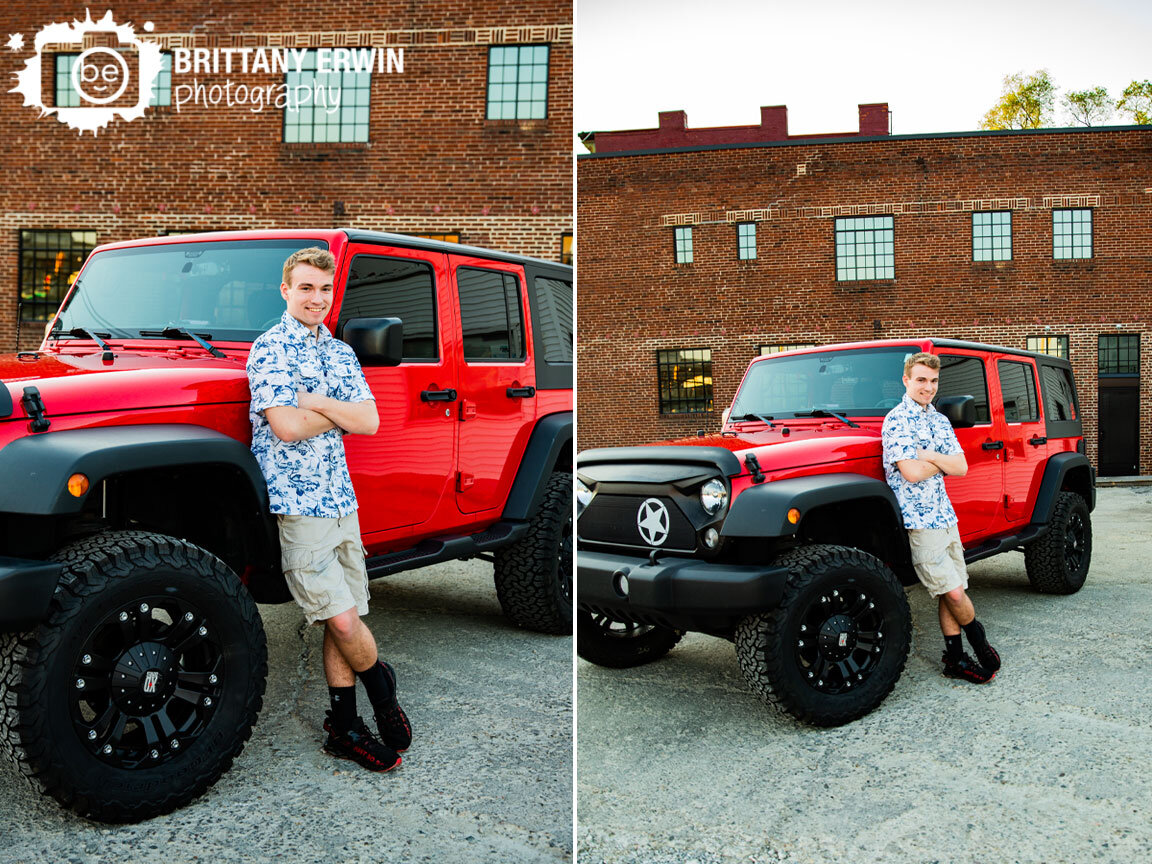 Fountain-Square-Indiana-senior-portrait-photographer-red-jeep-with-brick-building.jpg