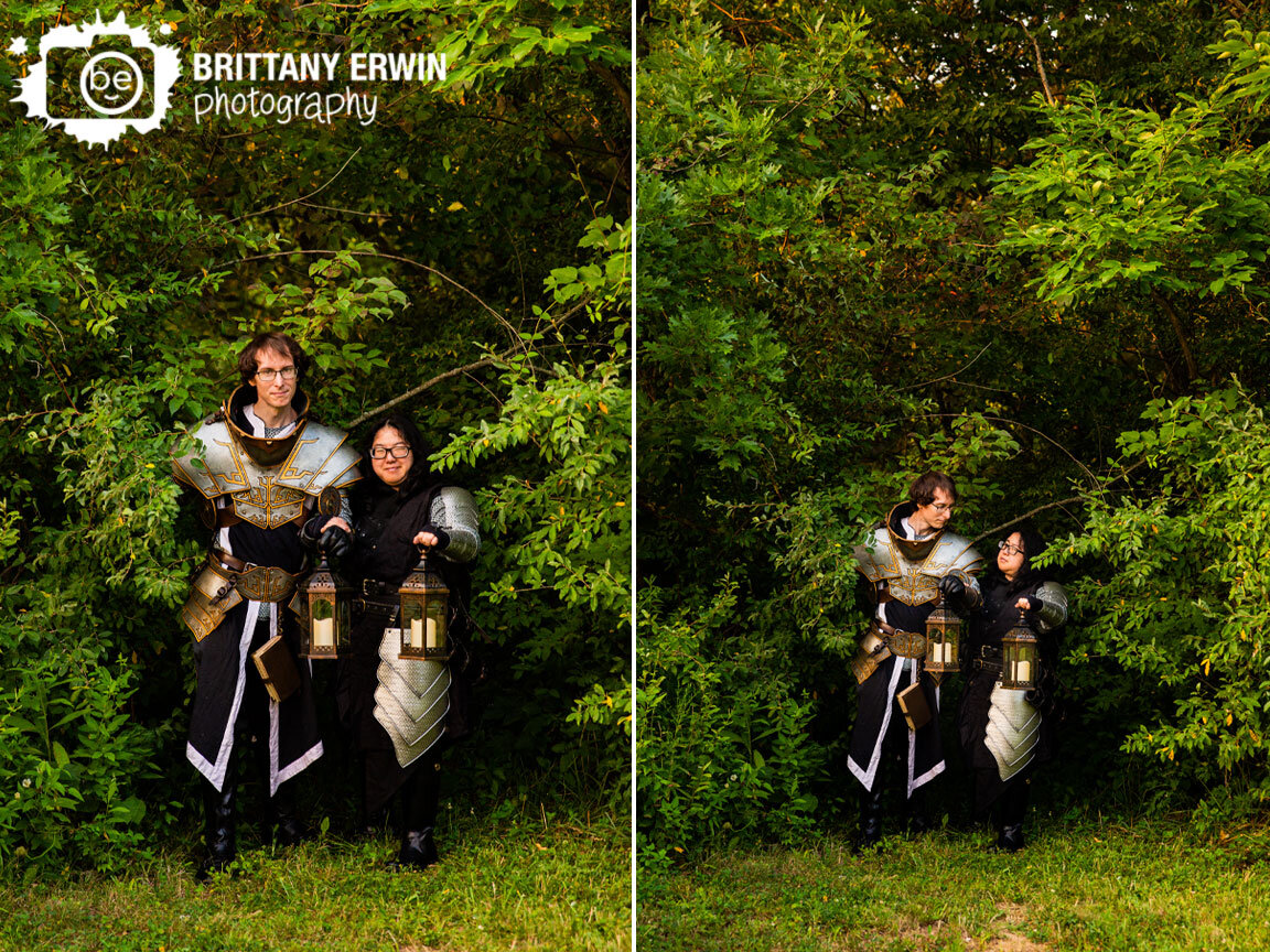 Indianapolis-portrait-photographer-couple-engagment-LARP-live-action-role-play-armor-holding-lanters-on-path.jpg