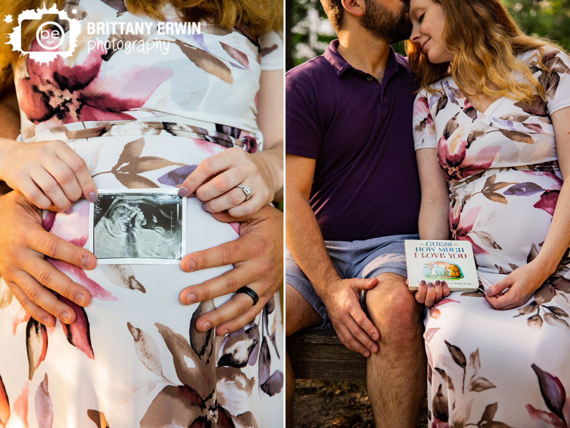 Indianapolis-maternity-portrait-photographer-floral-dress-ultrasound-couple-with-how-much-I-love-you-board-book-on-bench.jpg