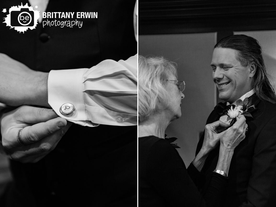 Indianapolis-wedding-photographer-monogram-cufflinks-mother-of-groom-putting-on-boutonniere.jpg