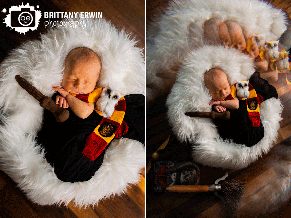Harry-Potter-and-the-sorcerers-stone-book-with-hedwig-owl-wand-sleeping-baby-boy-in-griffindor-scarf.gif