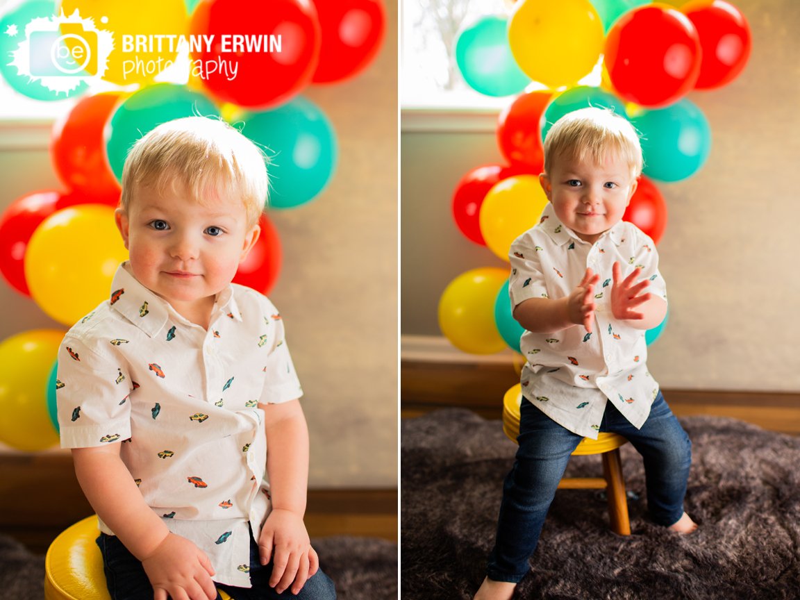 Indianapolis-birthday-portrait-photographer-boy-on-yellow-stool-with-balloons-button-down-shirt.jpg