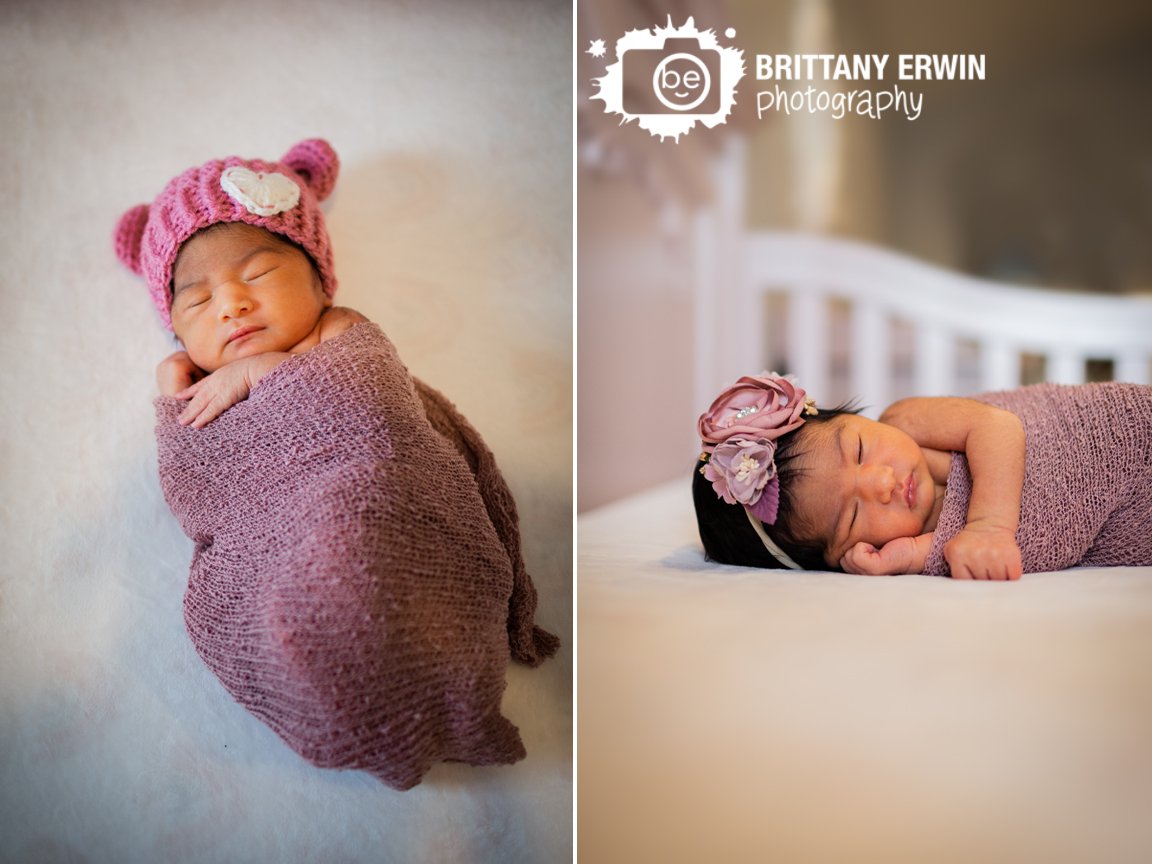 Indianapolis-newborn-portrait-photographer-sleeping-girl-pink-bear-hat-wrapped-in-mauve-with-flower-headband.jpg