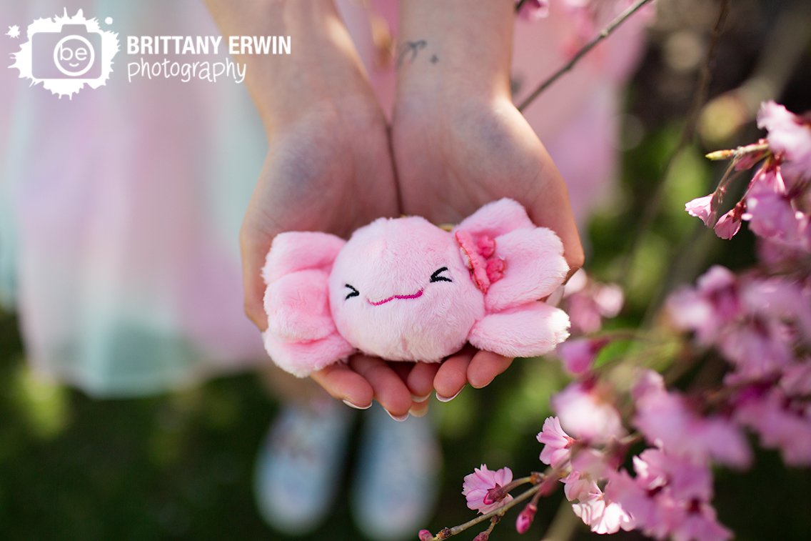 Axolotl-plushie-Agi-Jagi-key-chain-pink-plush-with-cherry-blossom-tree-spring.jpg