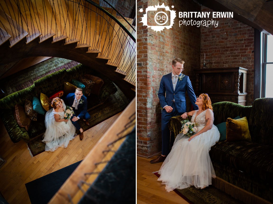 Indianapolis-wedding-photographer-couple-on-green-velvet-couch-under-stairs.jpg