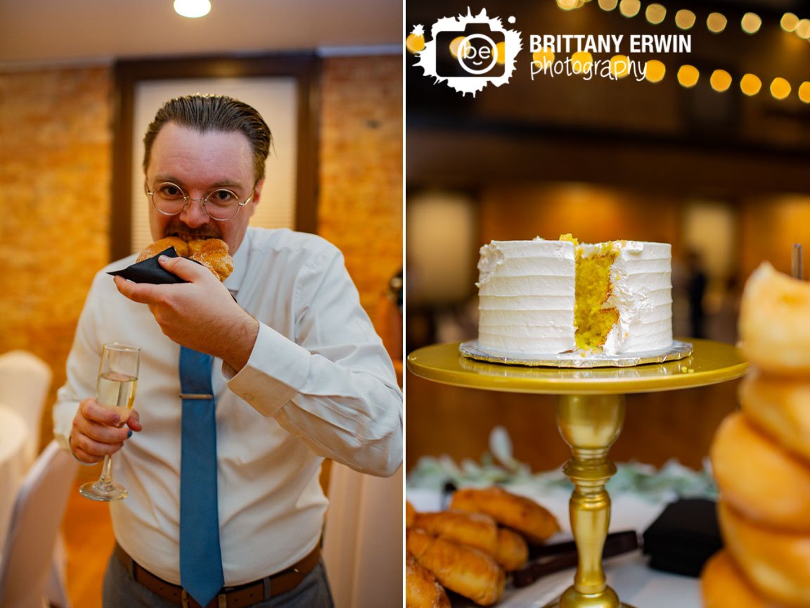 Indianapolis-wedding-photographer-reception-cake-sliced-groomsman-with-doughnut.jpg