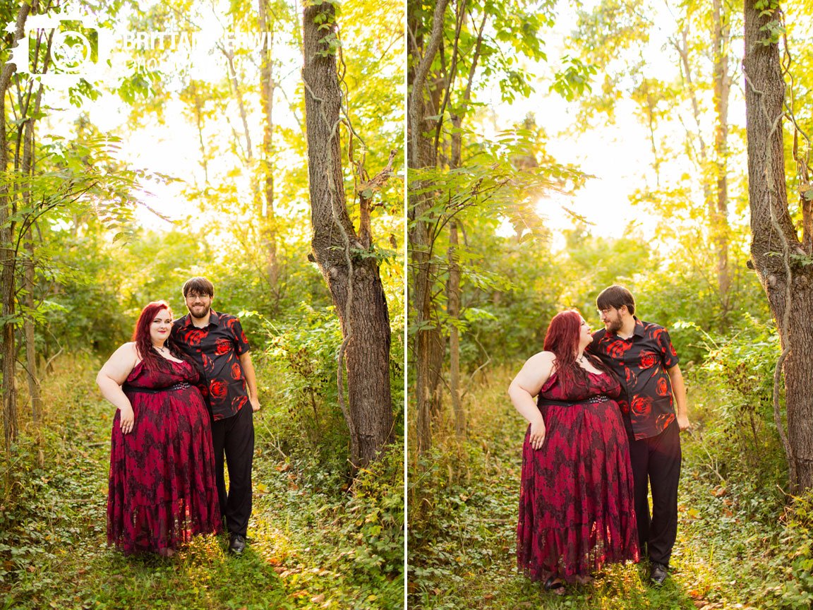 Indianapolis-engagement-portrait-photographer-couple-at-sunset-in-forest-clearing.jpg