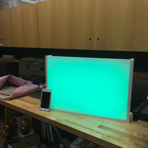 Heather's imagery freezes commercial LED billboards in moments of transition, and then motion is re-integrated through the changing colors or her light box' LEDs -- which are then synchronized to an external microphone or music!
