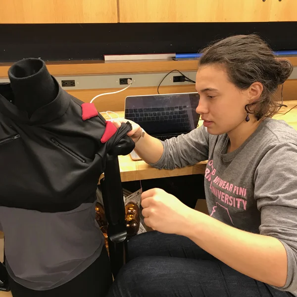 MFA Product of Design students, Rhea Bhandari, Sophie Carrillo (who's birthday it is today!), Carly Simmons, and Hannah Rudin close in on the finish line for their Boufit roller derby uniforms and brand experience. 