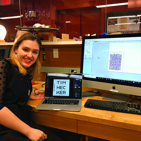 Victoria Holod from MFA Design is prepping her file for her debut on the CNC machine. She is trying to make a stamp out of wood which can later be used to create a textured label for an old vinyl record packaging assignment.