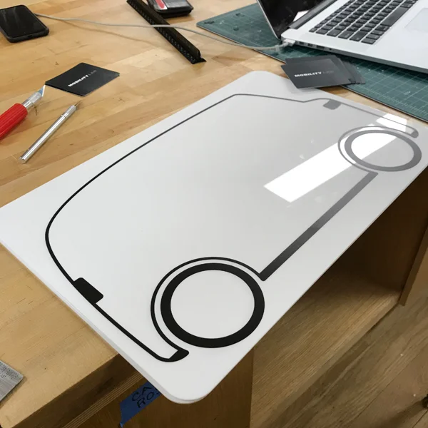 He came in unsure of what material to use and was leaning towards making stickers, but after talking it out with a VFL staff member, he realized that he could laser cut acrylic to function as a white board and then UV print his car on it! Brilliant! Make a consultation today and see how we can problem solve together. 