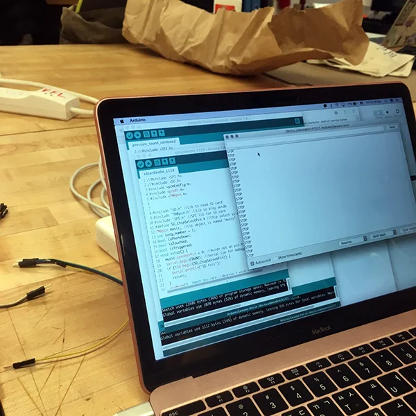 Leanne Carroll, Minjung Kim, and Jiya Seo from the MFA IxD Class of 2020 work on their final project for their first semester: a box that plays relaxing, meditative sounds when you place your phone on top of it.