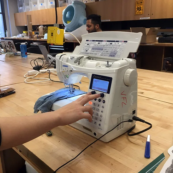The large pieces are canvas printed on the Roland printer, which LeeHo is sewing into a sculptural piece called Head Tunnel.
