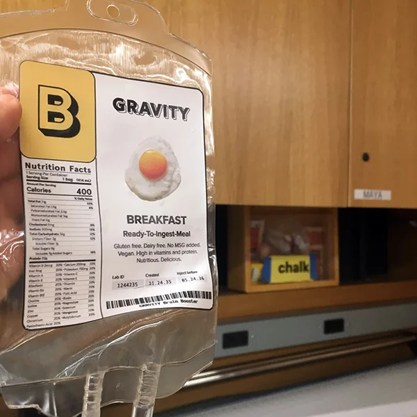 The product is called Gravity, and represents a dystopian future where food has been reduced to its nutritional value and is consumed through an IV drip.