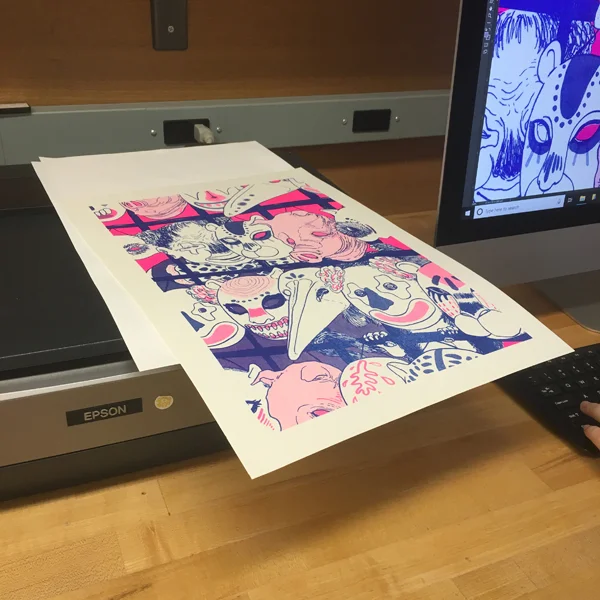 First-year MFA Illustration student Hwarim Lee in making a vinyl reproduction of a Risograph print for presenting in the upcoming MFA Illustration show "The God of Dark Laughter" at SVA's Grammercy Gallery space.