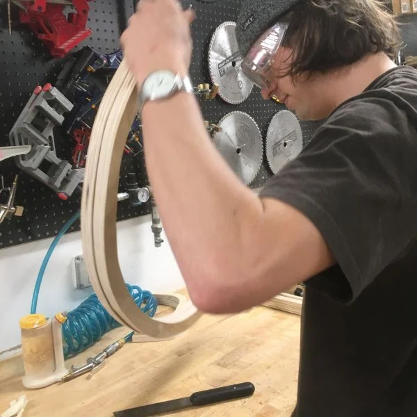 Jimmy from MFA Fine Arts is in the shop working with plywood frames for some exploratory signage he is creating. The frame will act as a base for him to create a back-lit collage of sorts that uses a handful of materials including corrugated fiberglass.