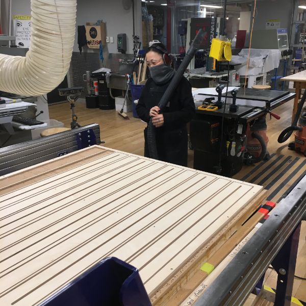 CHiKA, the VFL’s Artist in Resident , is scaling her operations by taking to the shop bot to start cutting frames for her next round of illum sculptures.