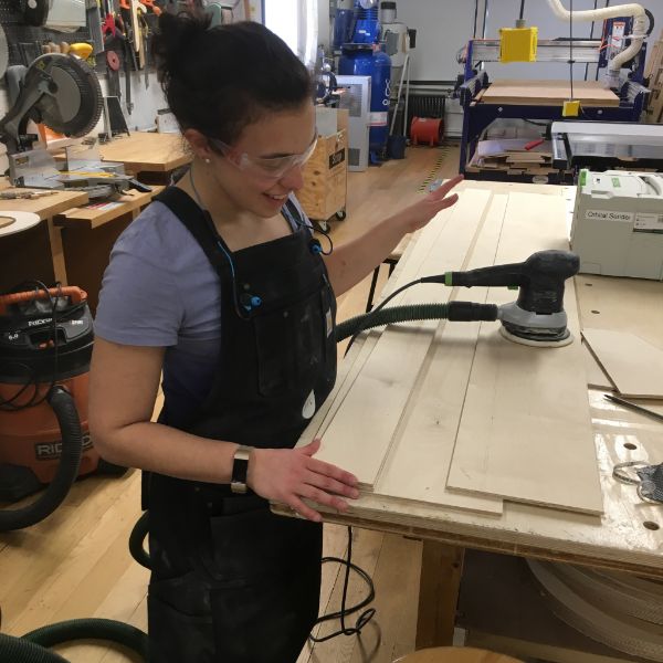 Hannah, an MFA Products of Design second year, is in the shop working on building an interactive installation which will take place next weekend in Washington Square Park. The installation is a large plywood structure on which passers-by will be able to share their thoughts about how they are involved in political discourse.
