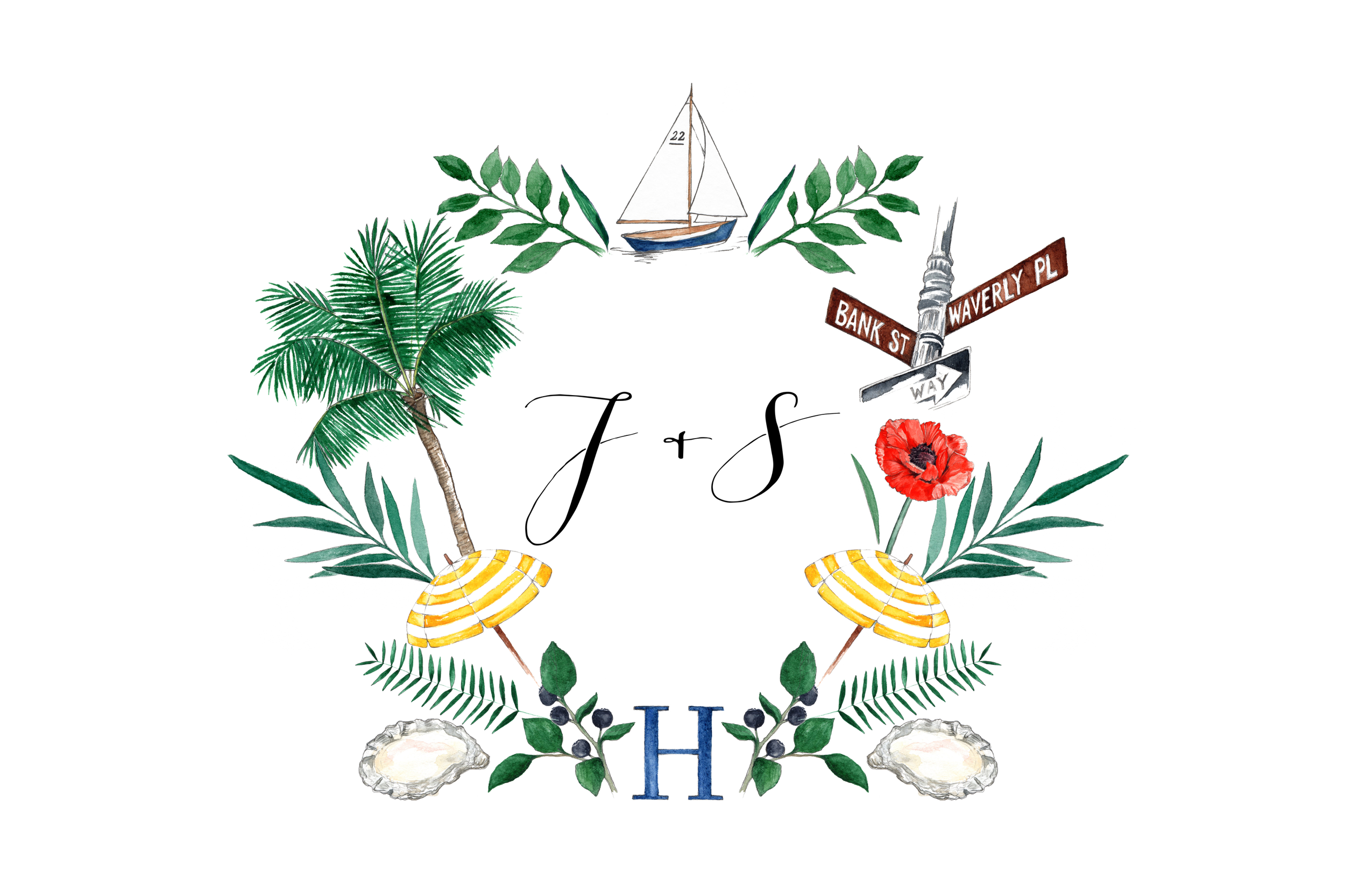 Their crest was used for the ceremony booklet, boat sail flag and custom printed cornhole! Each detail symbolized a place near and dear to them.