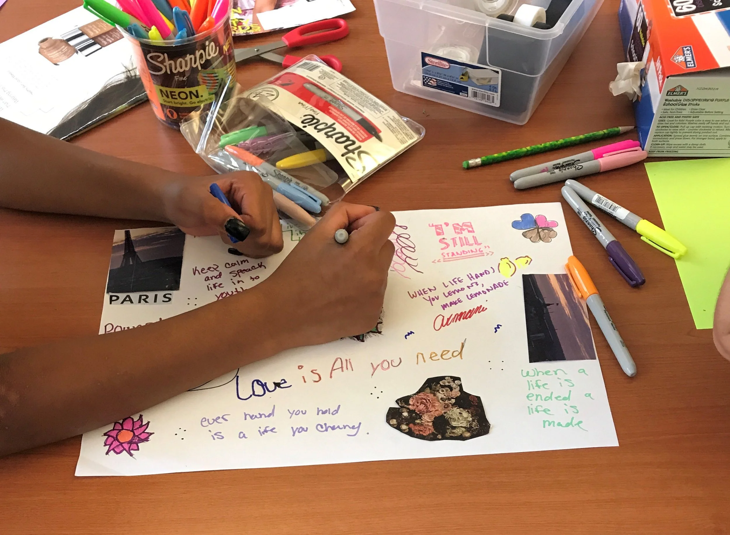 By conducting a collaging activity with youth, we were able to learn more about their aesthetic preferences. One very helpful insight this revealed was that our youth gravitate towards words, phrases, images, and colors that are positive and uplifting. The big themes were survivorship, love, and power.