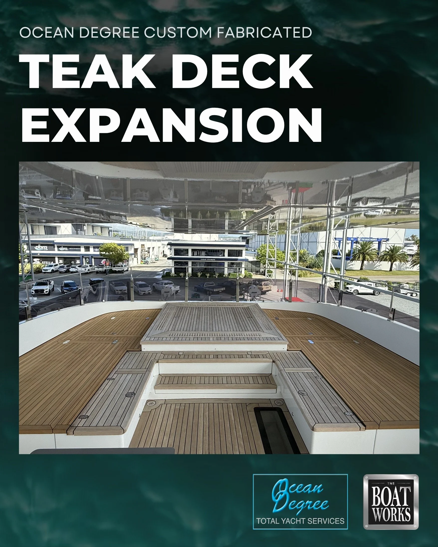 Luxury is in the detail you notice when something is missing.

Our team completed a teak deck expansion around the flybridge spa area of a 31m antiere delle Marche yacht, giving the space a clean, seamless finish when the
cushions are removed.

It is