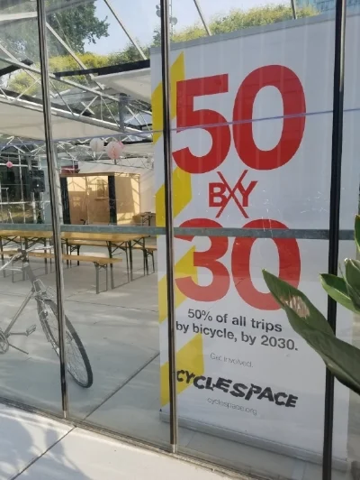 A large banner pronounces CycleSpace's goal of 50% of trips by bicycle by 2030.