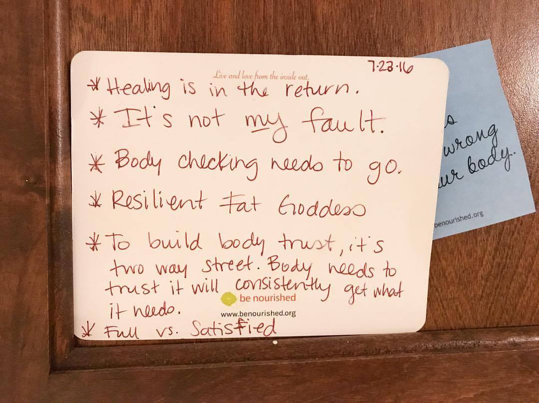 The post card that wrote to remember what I learned at the Reclaiming Body Trust® Retreat tucked into my kitchen cupboard.&nbsp;
