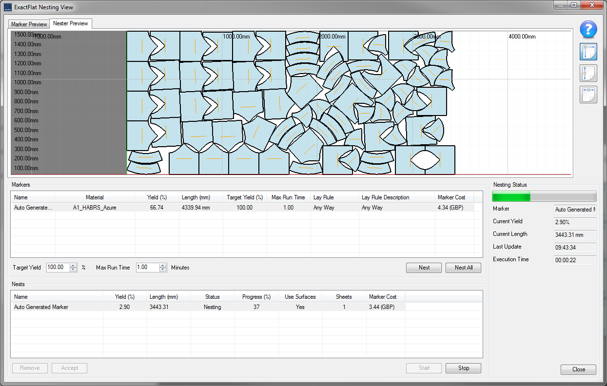 ExactFlat provides tools for Nesting of multiple versions for the same piece but at different orientations. This simulates the actual ply make up and helps optimize material usage. Click on the image to learn more.