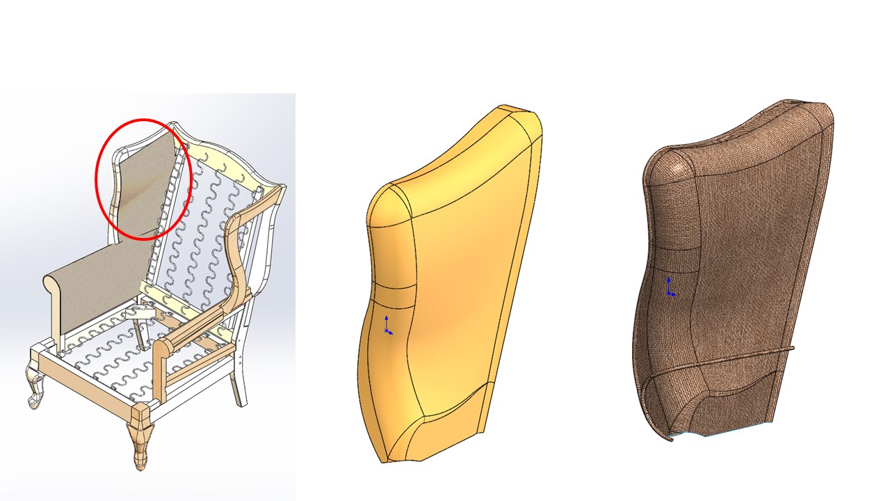 Creating the hard and soft components in a single model ensures the correct fit and function. In this example, the fabric (right) is a layer on top of the foam (middle) which is designed and placed in the proper location on top of the cardboard and the frame (left)