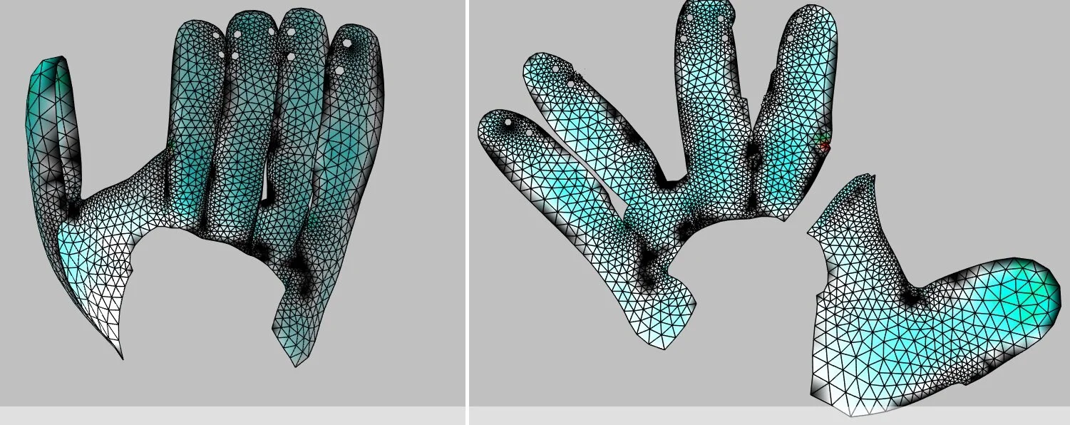 One of the key advantages of the digital process is that the 3D design model is used directly in all of the pre-production and manufacturing. In this example, the 3D model was flattened into 2D pattern pieces which are checked for fit and material usage. All of this is done without the use prototypes of material samples.