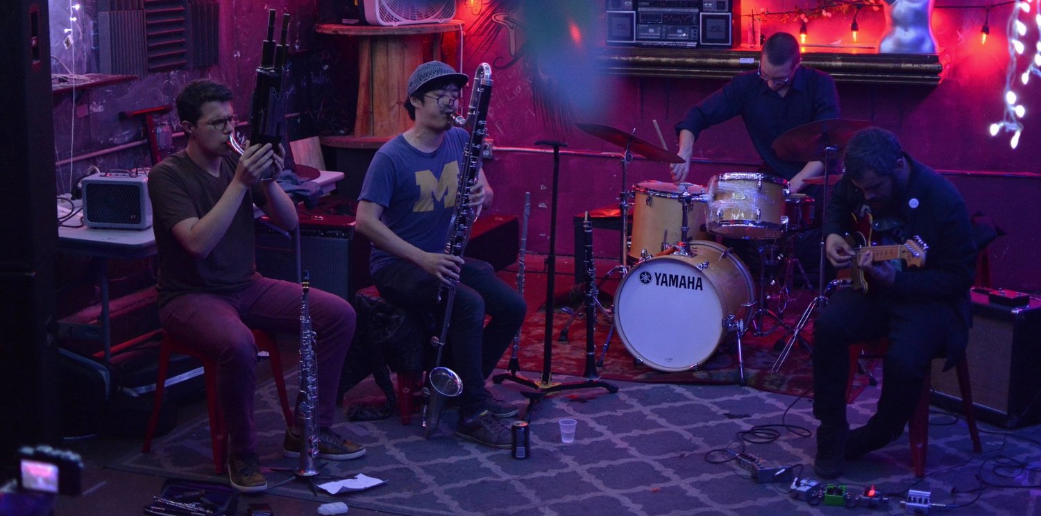 David Leon - alto + anything / Yuma Uesaka - tenor + anything / Aaron Quinn - guitar + anything / Stephen Boegehold - drums + anything