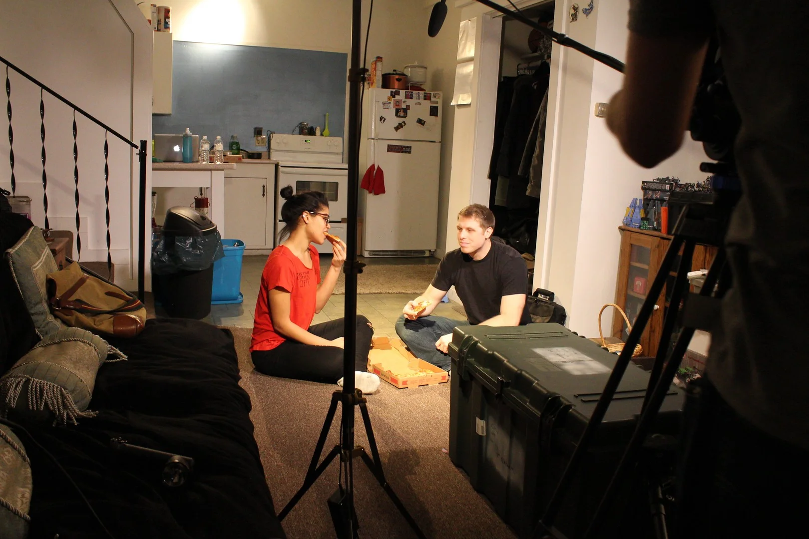 Diana Sanchez and Joshua Cobb on the set of Departure.