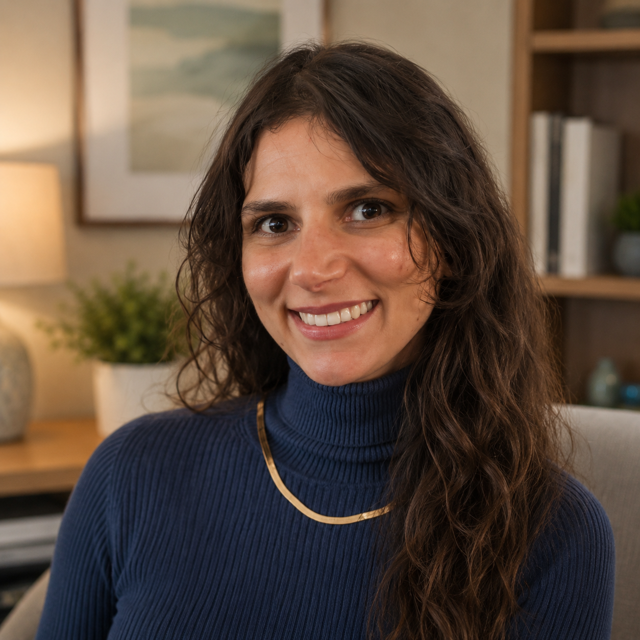 A woman with wavy dark brown hair smiling at the camera, wearing a blue turtleneck and gold necklace, indoors with wooden ceiling and wall-mounted light fixtures.