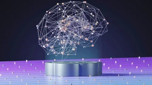 A digital, wireframe model of a human brain with connected nodes and lines, floating above a circular platform on a purple grid-like surface.
