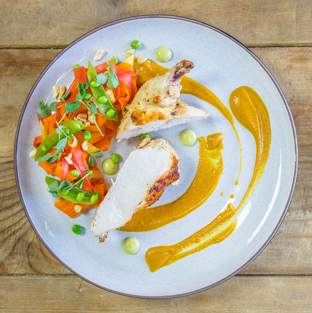 Chef Cody Beverstock's "Peas & Carrots" Dish - Pan Seared Chicken Breast, Roast Carrot & Ginger Purée, Pickled Carrot & Snap Pea Salad, English Pea Aioli, Toasted Peanuts