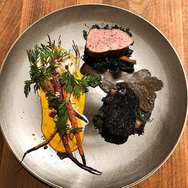 SMOKE + CHARCOAL
&bull;
Smoked Pork Tenderloin (smoked for about 30 mins in Applewood) - 1/2 topped w/ Smoked Sea Salt, 1/2 buried in Charcoal I Carrot 4 Ways - Carrot Hummus Base, Sumac Roasted, Carrot Chip, Carrot Foam I Red Kale I Maitake I Pork R