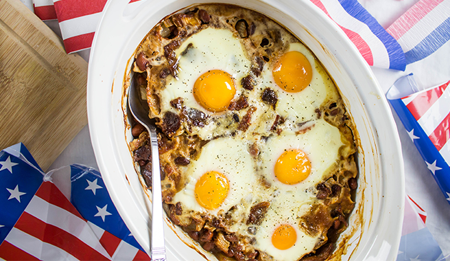 A 4th of July cookout is not complete without baked beans. The TermiNatetor Kitchen improved upon the classic by adding our delicious eggs to the classic dish. God Bless America!