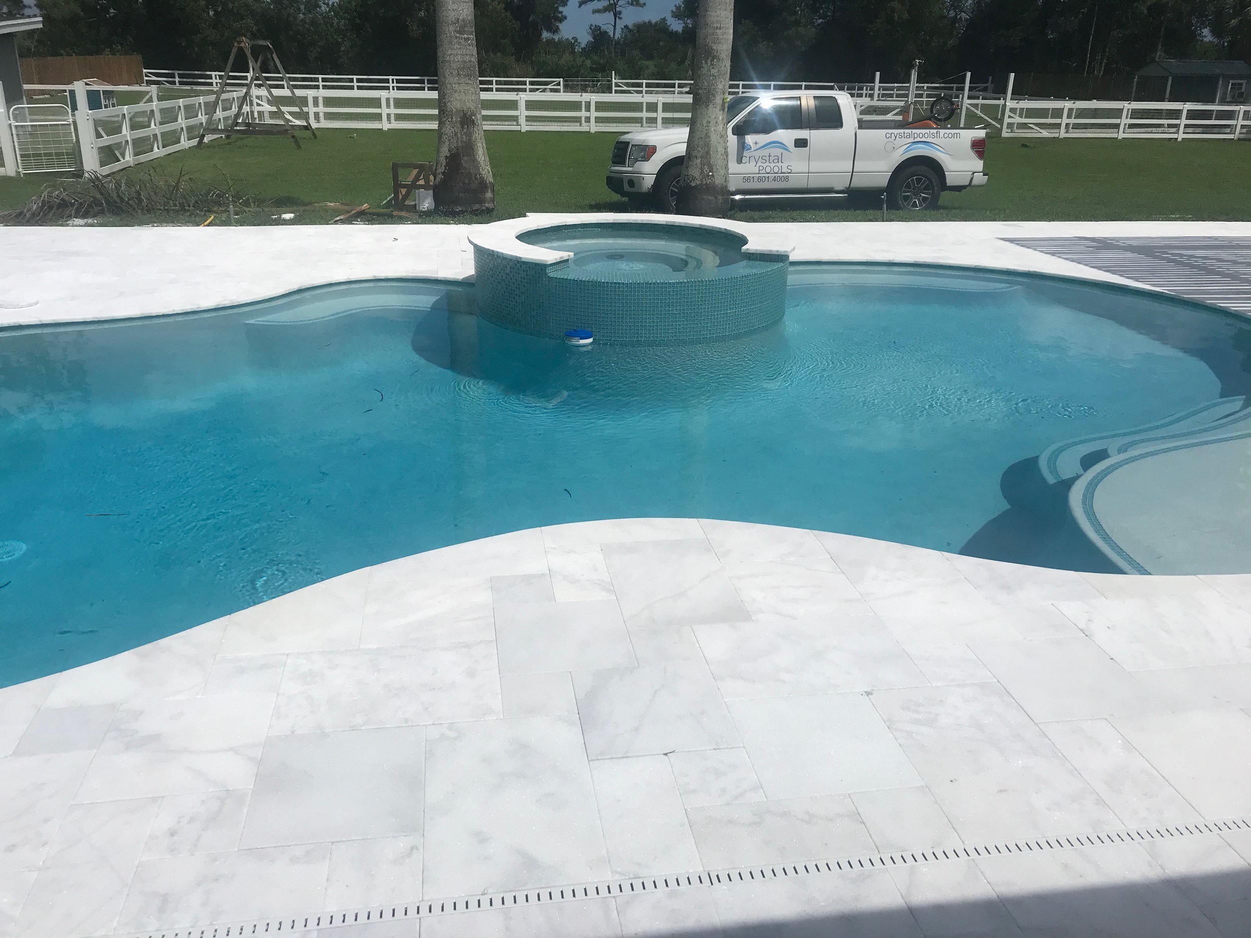 Outdoor swimming pool with white deck, hot tub, and palm trees, next to a parked white company truck on grass.