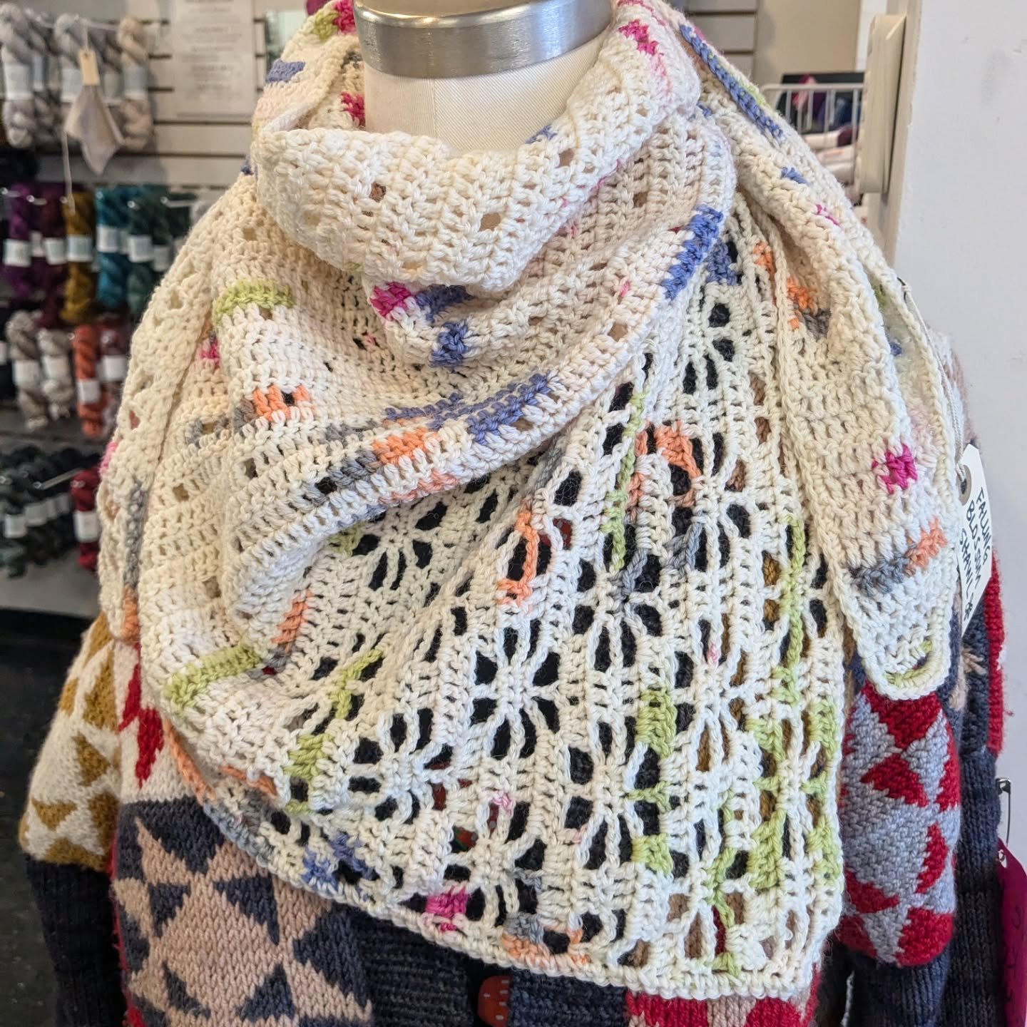 It's shawl season, and this little crocheted shawlette is coming up on our class schedule starting Saturday! This is a great skill builder for folks who know basic crochet stitches (if you can double crochet, you're ready). Filet crochet uses simple 