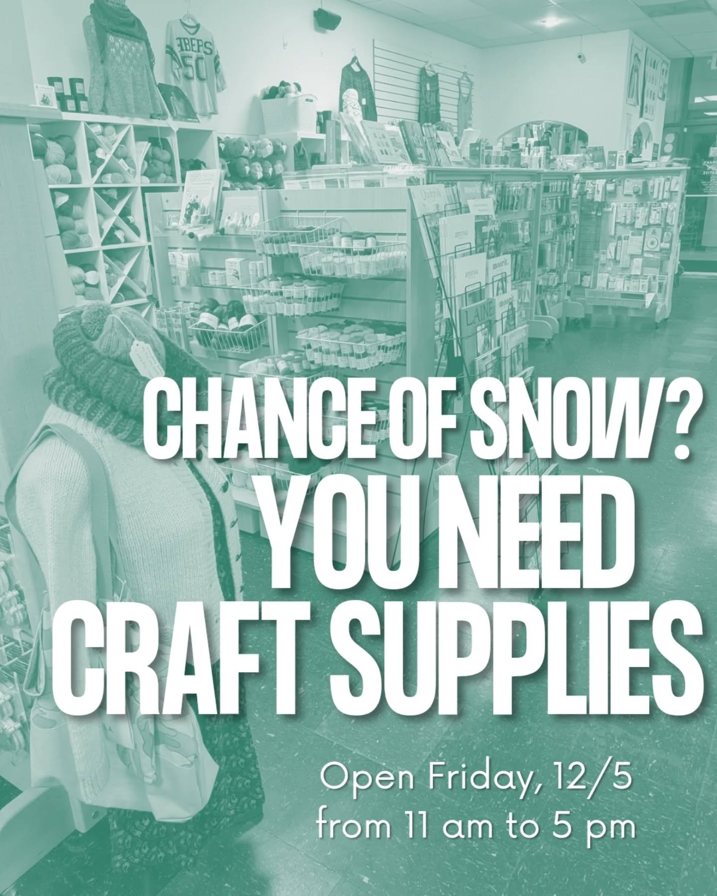 It's a small chance of a small amount of snow and/or ice, but this is North Carolina, y'all, we don't mess around with frozen precipitation!
We'll be open at 11 am as usual, but closing at 5 so we can all get home before dark. If conditions are worse